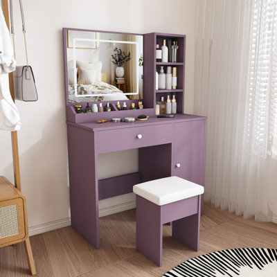 Purple Vanity Desk Set with Adjustable LED Lighted Mirror and Padded Stool Modern Bedroom Makeup Table with Drawer and Storage Locker