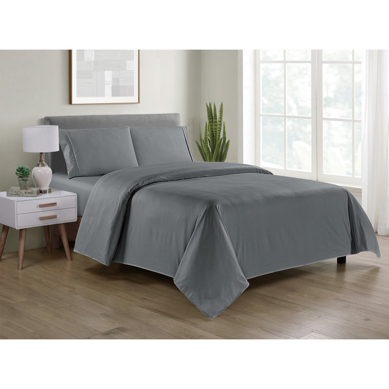 Bamboo Luxury Chevron Embossed 4-Piece Sheet Set, Gray, Twin Sheet Set + Fitted Sheet + 1 Pillowcase