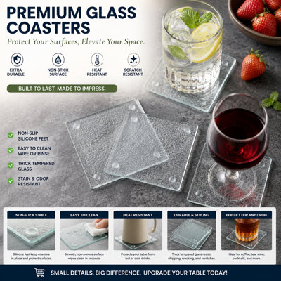 Tempered Glass Set Of 4 Piece Square Coasters With Non-slip Silicone Dots Heat Resistant Elegant Drink Coasters For Home and Office, 4 x 4 Inch, Transparent