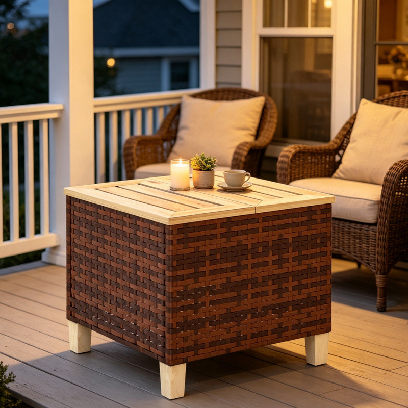 Petite table d'extérieur, table de bout, table d'appoint d'extérieur, table d'appoint de patio en rotin PE rustique avec plateau en bois de sapin naturel, structure en acier thermolaqué, table d'appoint de balcon stable