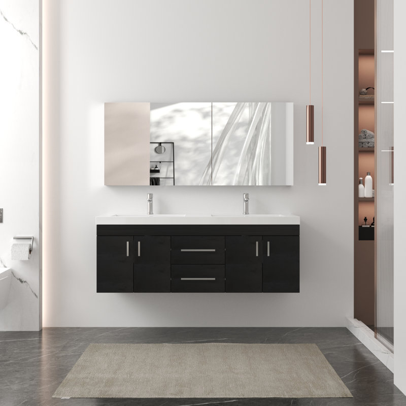 Avalia 60'' Wall Mounted Double Bathroom Vanity with Solid Surface Top, Black