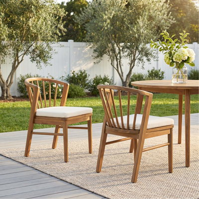 Ensemble de 2 chaises de salle à manger d'extérieur, chaises de patio en bois d'acacia avec coussin lavable crème, pour cour, piscine, jardin, teck