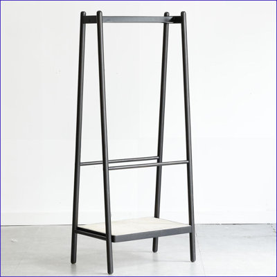 Portemanteaux en bois de chêne massif avec tablettes en rotin noir, portemanteau | Noir | Bois massif