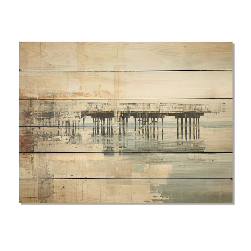 «Minimal Watercolor Pier Horizon I», art mural sur bois de pin côtier sur bois de pin naturel, H 10 po x l 20 po