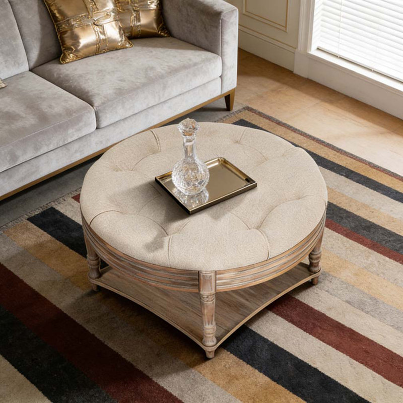 Waterproof Two-Tier Ottoman Coffee Table Button Tufted Storage Shelf, Grey/ khaki