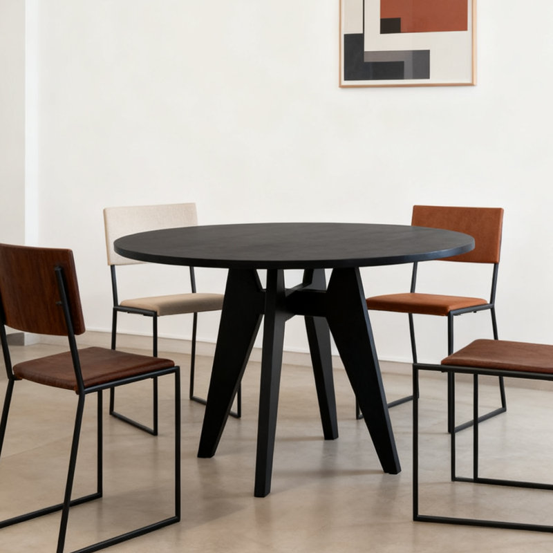 Doucoure Round Solid Wood Base Dining Table, Black