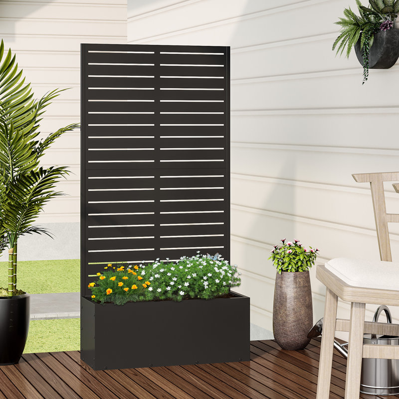Outdoor Metal Rectangular Individual Planter Box with Trellis for Climbing Plants, 59" H x 30" W x 11" D, Black
