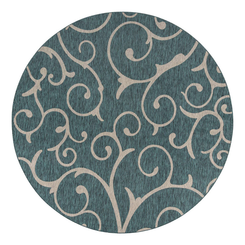 Teal Floral Machine Woven Polypropylene Indoor / Outdoor Area Rug in Teal, Round 10'8"