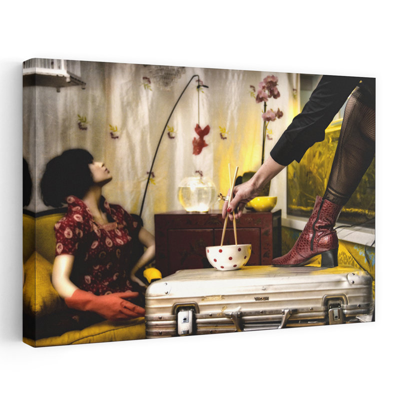 Baguettes rouges, botte mystérieuse, moderne, surréel, poisson rouge, orchidée, paysage, nature, art mural, 12" H x 18" W