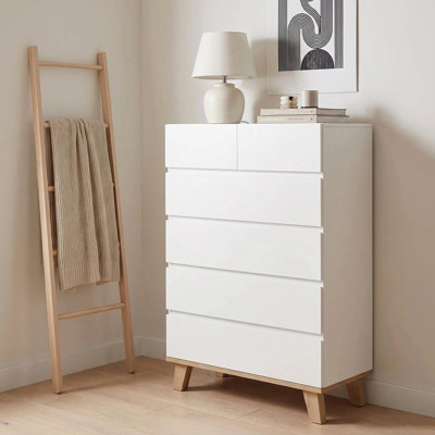 4+2 Drawer White Dresser, Handle-Free Modern Storage Chest with Solid Natural Wood Legs, 2 Small Drawers,Minimalist Drawer Cabinet for Bedroom Living