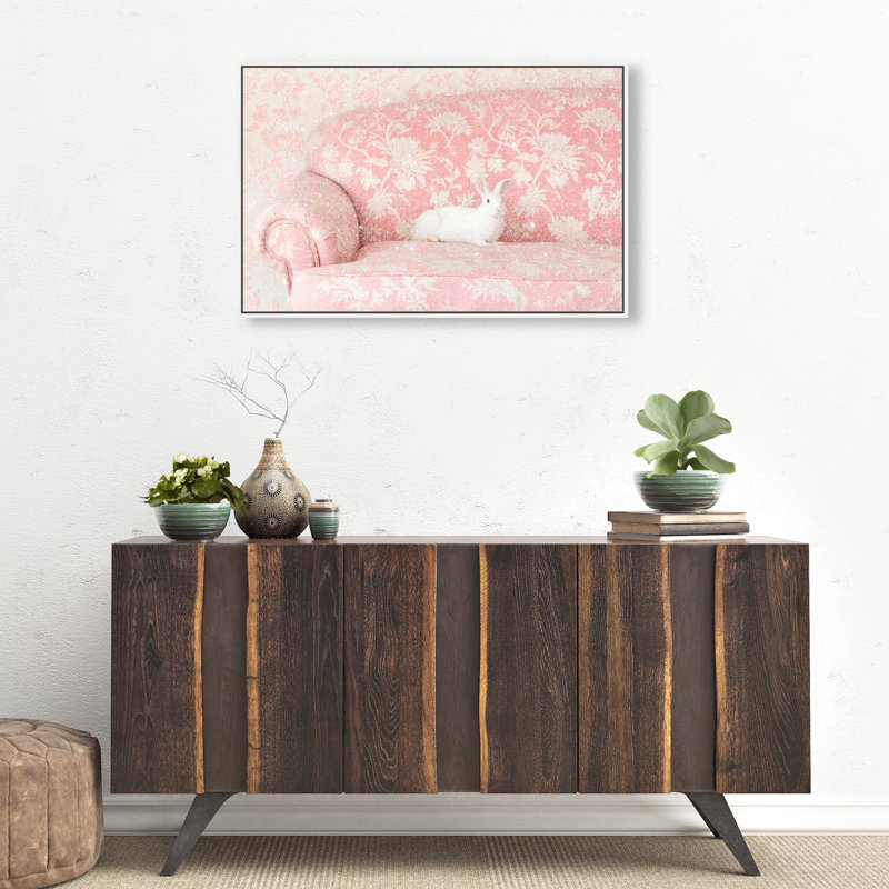 Oliver Gal Baby Bunny Sofa Animals - Diamond Dust Framed Canvas Art, 20" H x 30" W, White