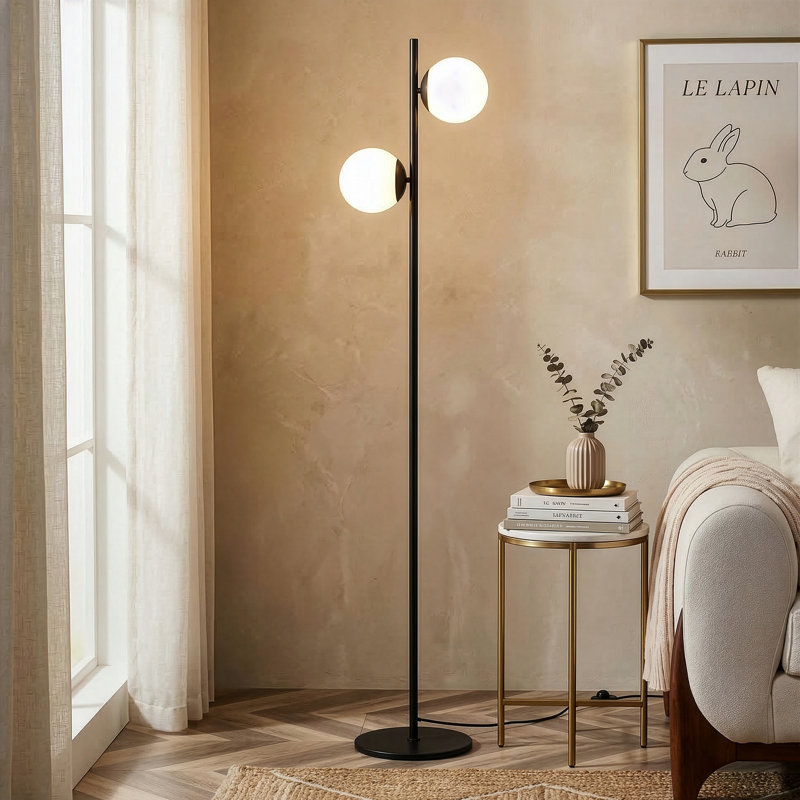 Lampe sur pied à DEL écoénergétique moderne avec abat-jour en verre 65 po Sphere, Noir