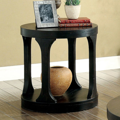 Table basse de style transitionnel avec finition noire antique et structure audacieuse avec tablette de rangement supplémentaire