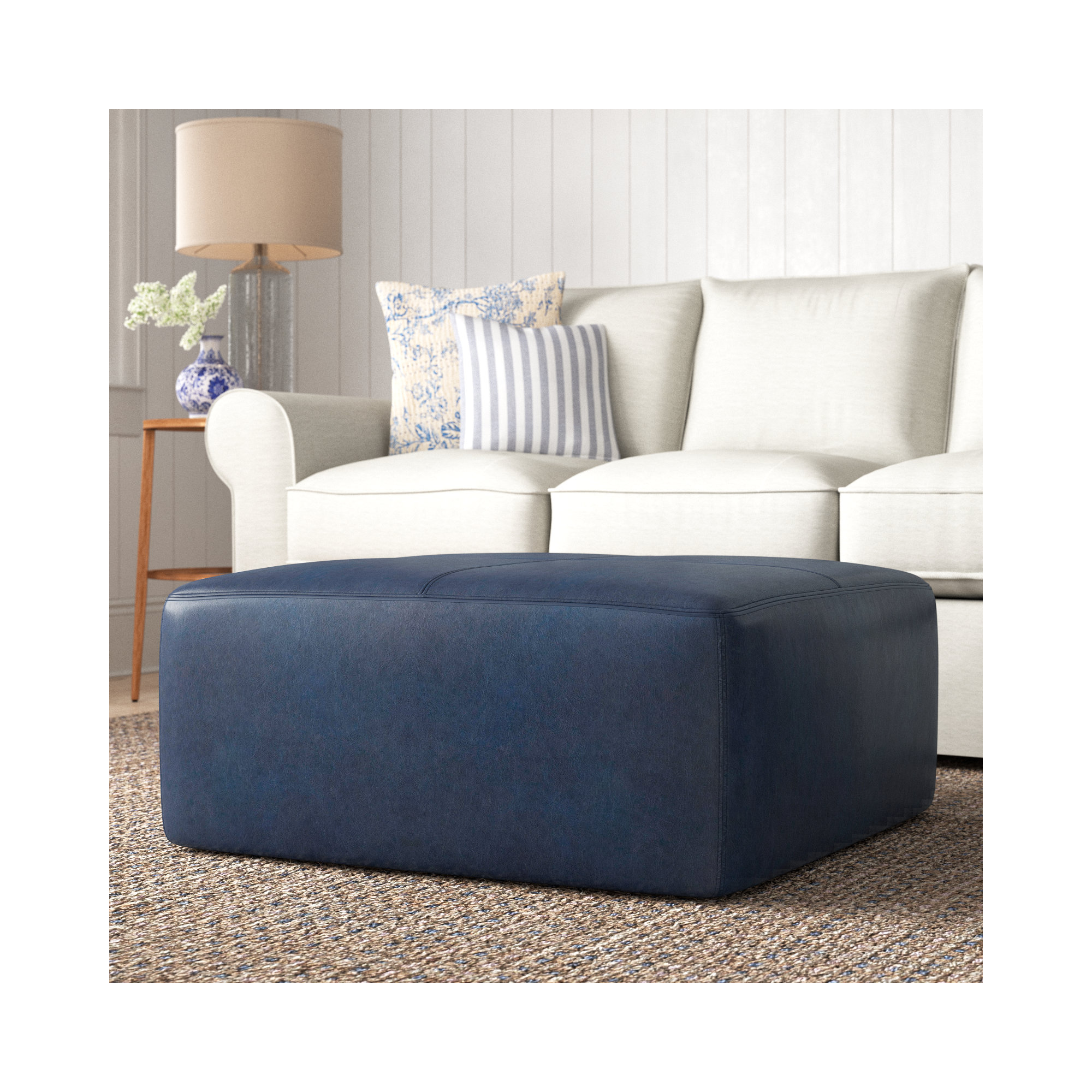 Heafield Square 35" Wide Full-Grain Genuine Italian Leather Ottoman, Midnight Blue Genuine Leather