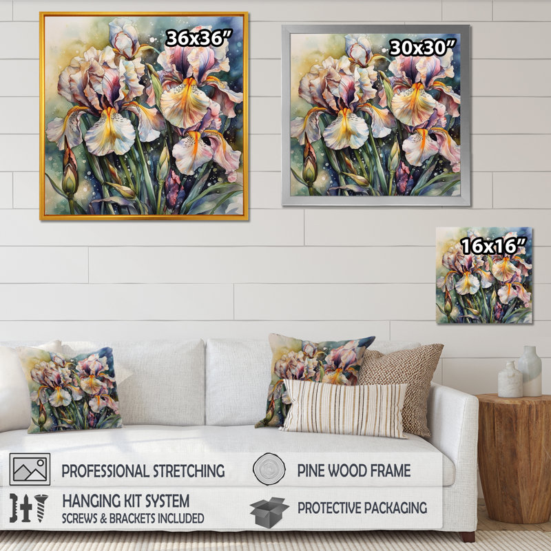 Mauve, jaune, iris sauvages, reproduction sur toile, H 16 po x l 16 po x P 1 po, Cadre flottant noir