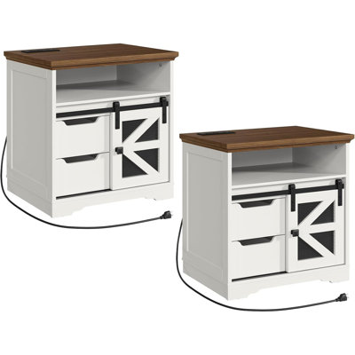Brisson 23.6"W Farmhouse End Tables Set of 2 with Charging Station Living Room Sofa Side Table with 2 Drawers and Barn Door, Wooden Nightstand Bedside Table for Bedroom, Living Room