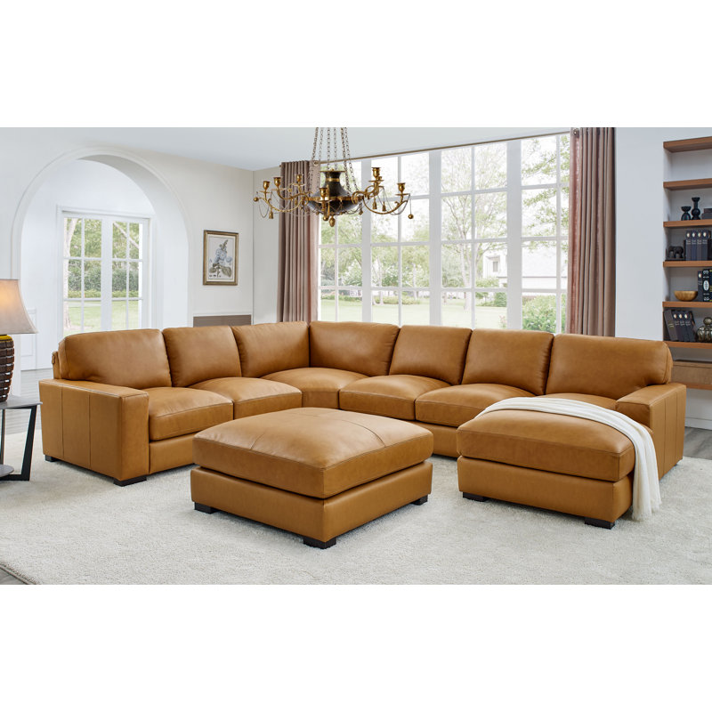 Antanisha 139.5" Wide Genuine Leather Left Hand Facing Modular Sectional with Ottoman, Caramel Tan Genuine Leather