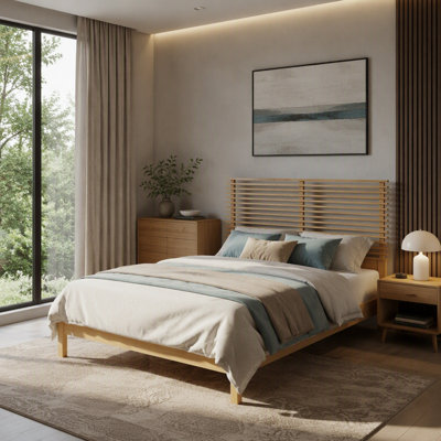 Cadre de lit plateforme haut de gamme en bois massif avec tête de lit à lattes horizontales, mobilier de chambre moderne en bois naturel