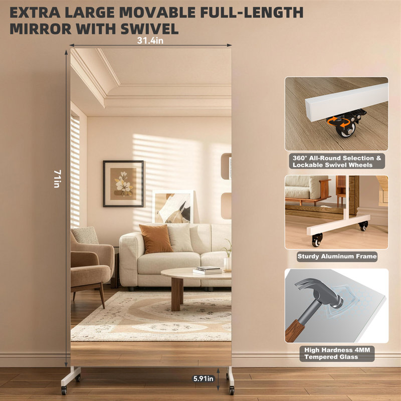 Home Gym Mirror 360° Swivel on Wheels, 71" x 32" Extra Large Full Body Rolling Mirror for Yoga Studio, Bedroom, Dancing Studio, White