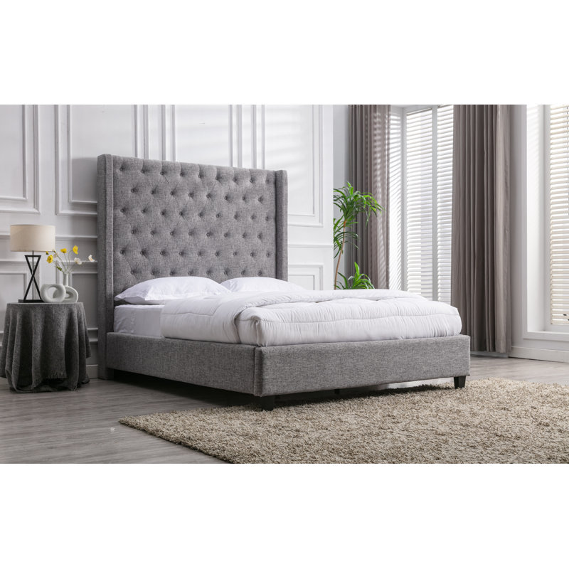 Upholstered Wingback Bed, Queen, Light Gray