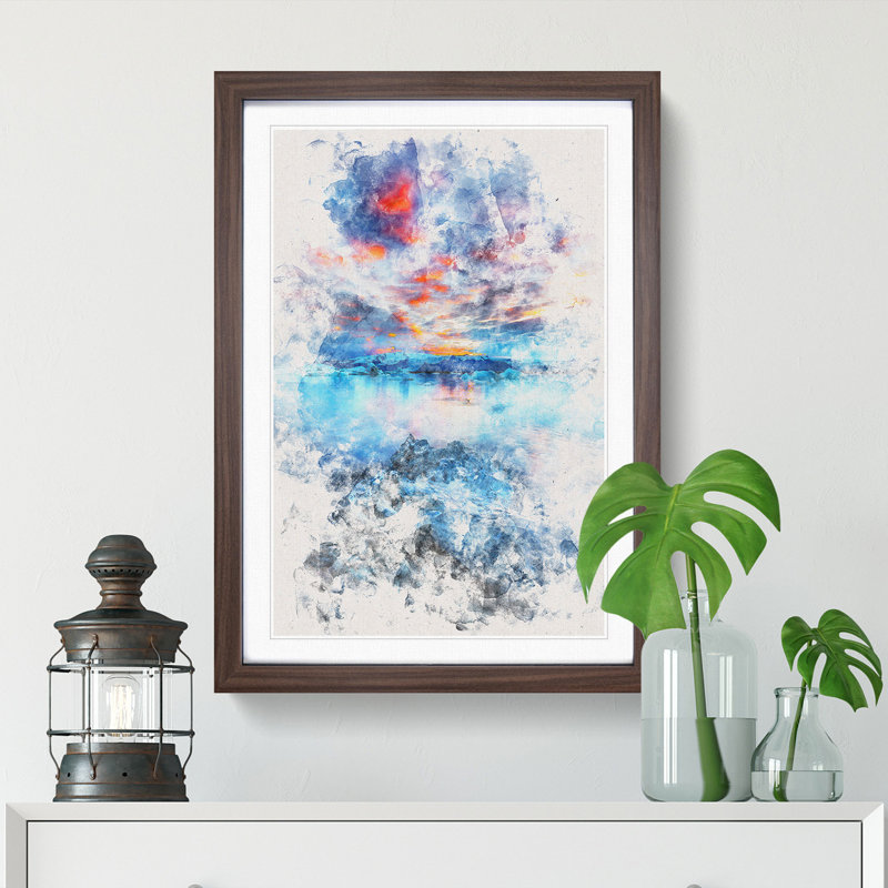 Iceland View Watercolour - Picture Frame Graphic Art, Walnut Framed, 45cm H x 33cm W x 2cm D