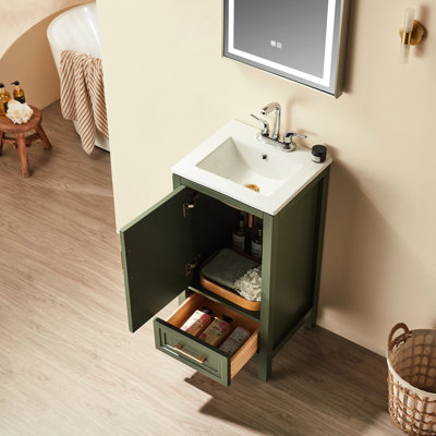 Meuble-lavabo simple de 18 po entièrement assemblé, armoire en bois massif, tiroirs à fermeture en douceur, procédé de peinture à 5 couches, dos ouvert pour faciliter l'installation du tuyau, peinture imperméable, installation