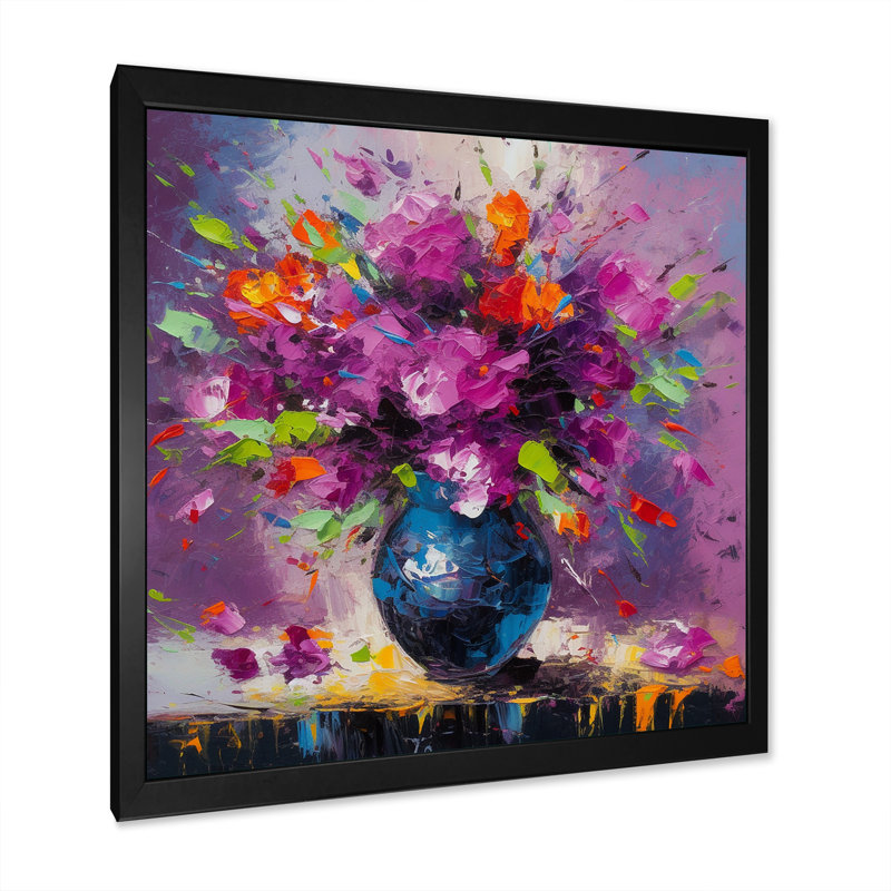 Fleurs mauves vives dans un vase noir - impression, Cadre simple noir, H 30 po x l 30 po x P 1 po