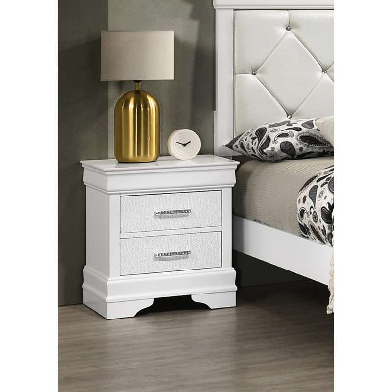 Table de chevet 2 tiroirs moderne en bois massif blanc avec motif texturé et losange pour une apparence de mobilier de chambre à coucher