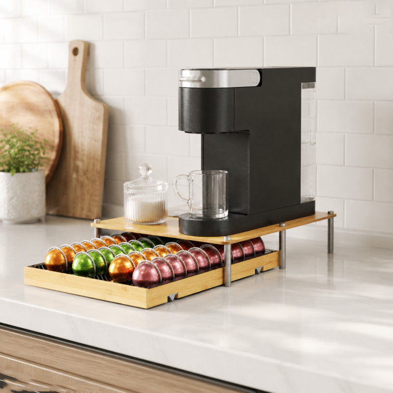 Organisateur de tiroir à café en bambou pour capsules Nespresso Vertuo, le plateau de rangement de la station café peut contenir 40 grandes ou 56 petites capsules