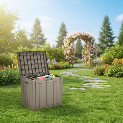 31 Gallon Taupe Resin Deck Storage Box, Waterproof Outdoor Container With Lockable Lid, Ideal For Patio Cushions, Pool Accessories And Garden Tools