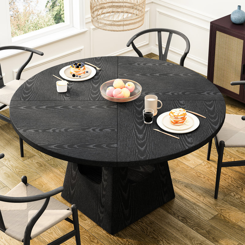 Table de salle à manger noire ronde, 47 po, plateau de table en bois, base de rangement, design rustique idéal pour les petites réunions, tablette, styles de décoration mixtes appropriés