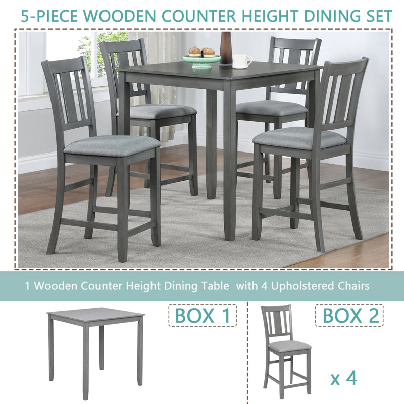 Dining Table Set, Wooden Dining Square Table Set  , Counter Height Kitchen Table Set With Square Table And  Upholstered Chairs  Small Space
