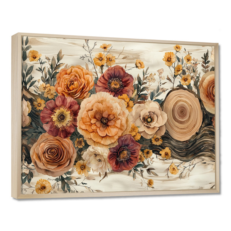 Bouquet d'automne assorti de fleurs sur une glissoire en bois, 12" H x 20" W, Floater Framed, Brown