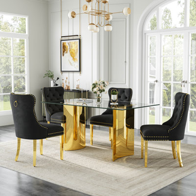 63"Rectangular Tempered Glass Dining Table Set, Mid-Century Modern Velvet Upholstered Nailhead Trim Chairs With Stainless-Steel Double Pedestal Table