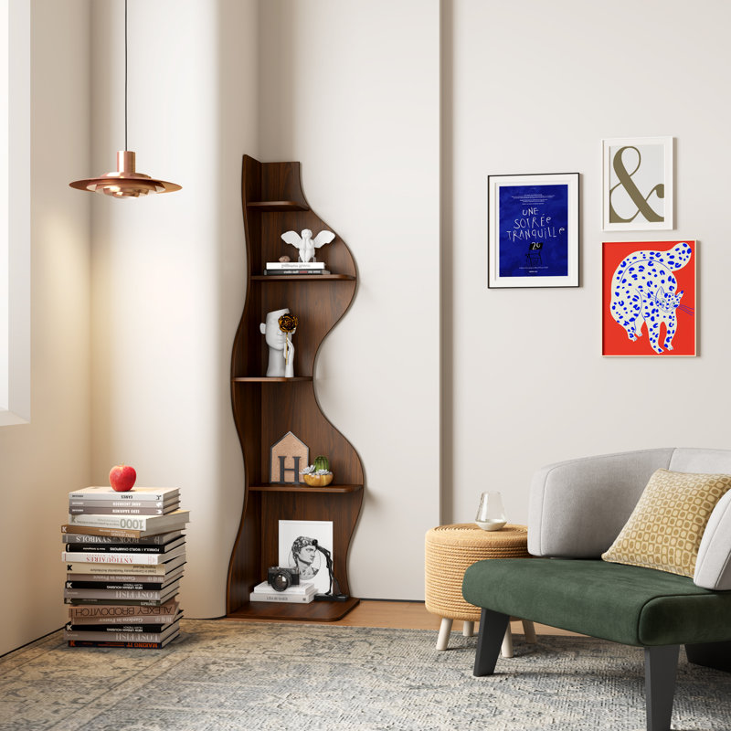 Corner Bookshelf, 5 Tier Modern Wall Shelf Bookcase Small Storage Rack Stylish Accent Wavy For Small Space, Plant Stand, Walnut