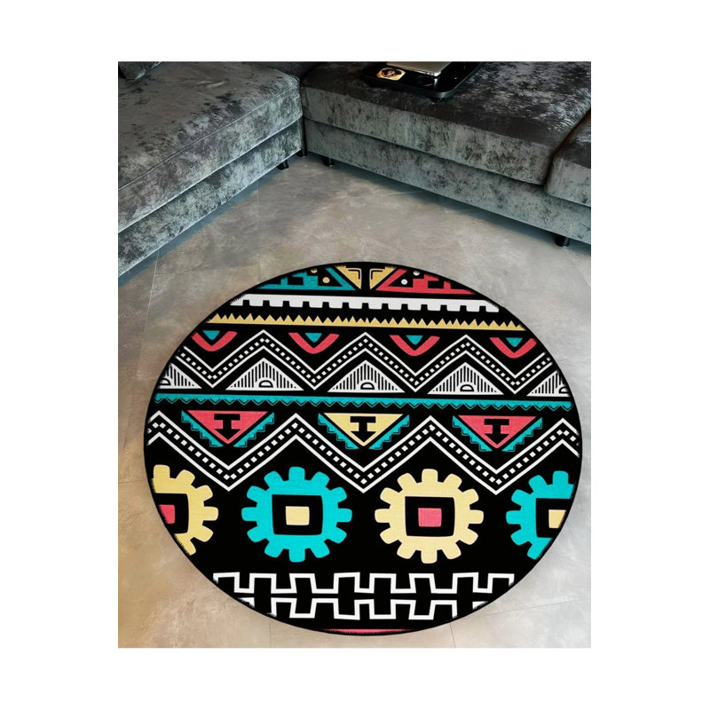 Black Multicolored Shapes Woven Base Modern Decorative Rug, Round 5'