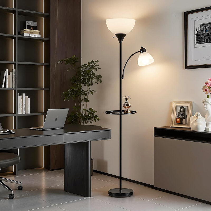 72" Torchiere Floor Lamp With Table And Adjustable Reading Lights, Black