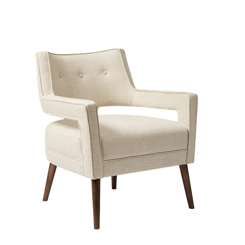 Splendide fauteuil d'appoint - accoudoir ouvert, dossier capitonné, revêtement crème, pieds en bois de pacanier massif, siège en mousse confortable avec accoudoirs élégants, pieds avec dossier