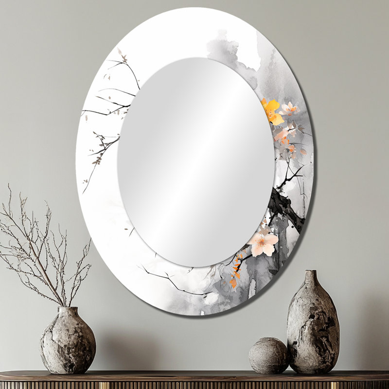 Asian Art Bat Sumi - Grand miroir mural ovale sur métal, 40 po x 30 po