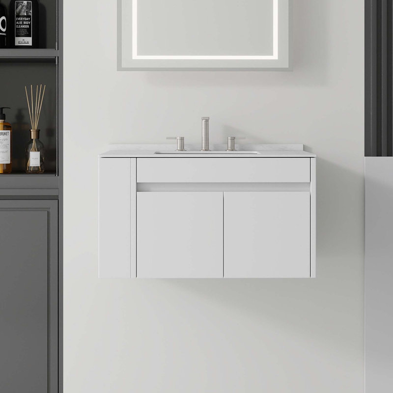 Meuble-lavabo flottant avec comptoir en marbre de culture et lavabo à débordement, Blanc