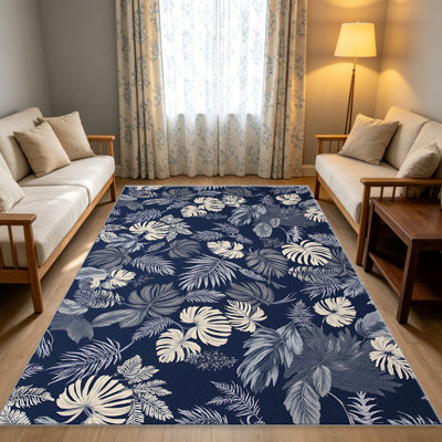 1PC Navy Tropical Leaf Pattern area rug, Elegant versatile decorative floor carpet, Easy to clean and maintain, Ideal furnishing piece for bedroom, Living room, Hallway, Entryway, Dorm and Office to refresh your home interior atmosphere