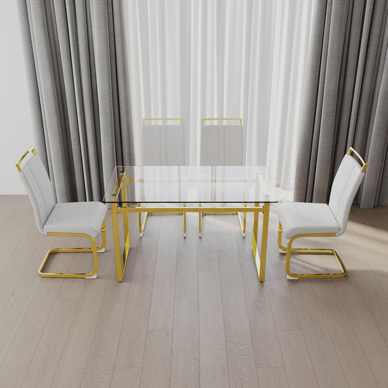 Ensemble de table de salle à manger pour 4 personnes, Blanc, Doré