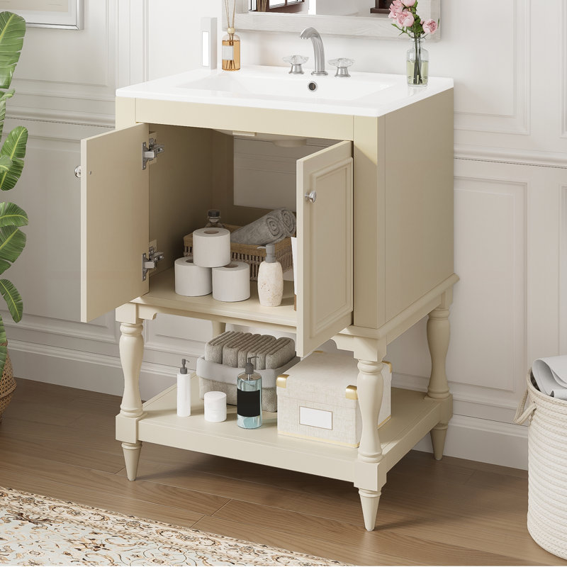 Meuble-lavabo moderne de luxe avec lavabo en céramique, armoire de salle de bain avec tablette ouverte et rangement fermé, 24 po