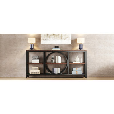 70.9" Extra Long Console Table, 4-Tier Sofa Table With Unique Circular Frame, Rustic Industrial Entryway Hallway Table, Narrow Living Room Storage Behind Couch, Rustic Brown & Black