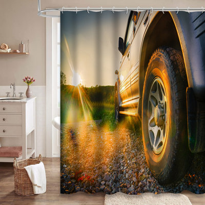 Road Travel Mountains Sunset Car Auto Shower Curtain with 12 Hooks