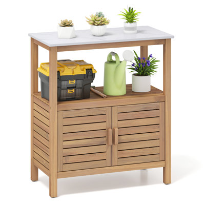 Banc de rempotage extérieur avec tablette de rangement en résine et portes à persiennes