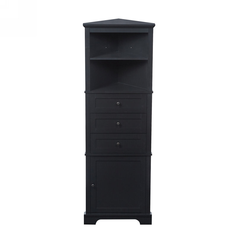 Black Triangle Tall Cabinet With 3 Drawers And Adjustable Shelves For Bathroom, Kitchen Or Living Room, MDF Board With Painted Finish