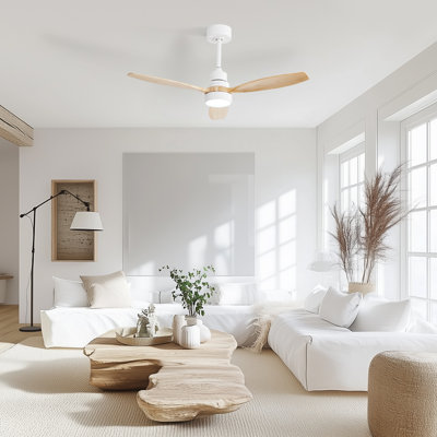 Kemp 52" 3-Solid Wood Blade Propeller Modern Ceiling Fan With LED Lights, Remote