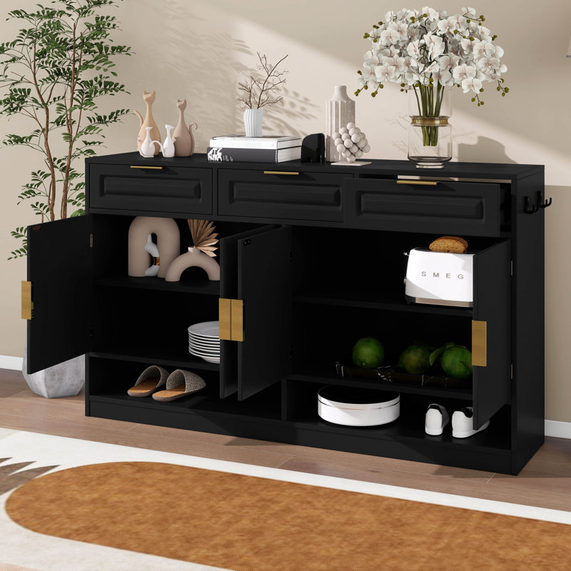 59.1" Sideboard Buffet With 3 Drawers & 4 Doors, Storage Cabinet With Adjustable Shelf & Open Compartments, Buffet Table