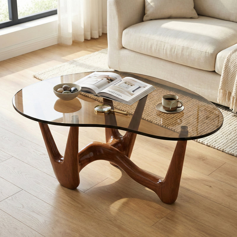 43" Abstract Triangle Glass Coffee Table with Sculptural Red Walnut Base, Limited Stock Available, Tan, Red Walnut